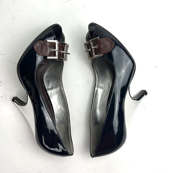 Karen Millen Dark Blue Patent  Mirror Silver Open Toe Heels / Wedge US 6 - Picture 4 of 16